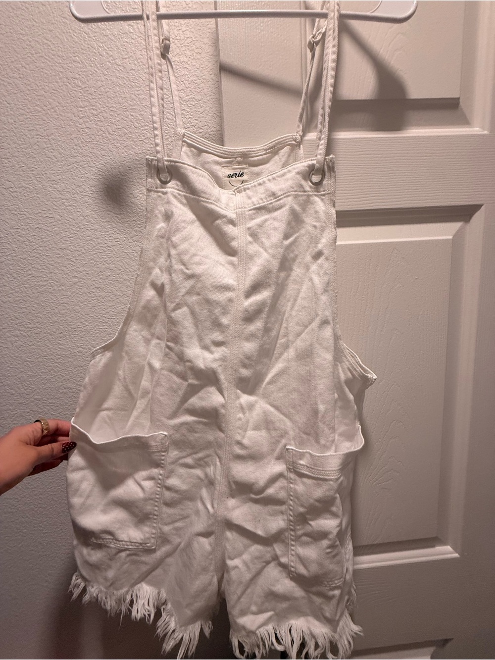 aerie White Short Denim Overalls with Adjustable Straps